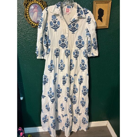 Victoria Dunn Dresses & Skirts - Victoria Dunn Cotton Tunic Dress Size XS White Blue Patterned With Pockets